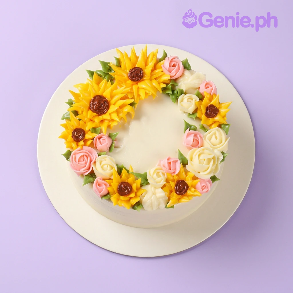Floral Wreath White Birthday Cake White 1-tier cake with a wreath of piped yellow sunflowers, pink roses, and white roses on top