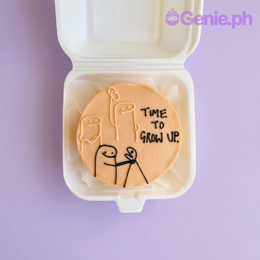 Flork Bento Peach Birthday Cake A peach Bento cake themed around Flork, featuring piped black and peach Flork characters and the message 'TIME TO GROW UP.'.