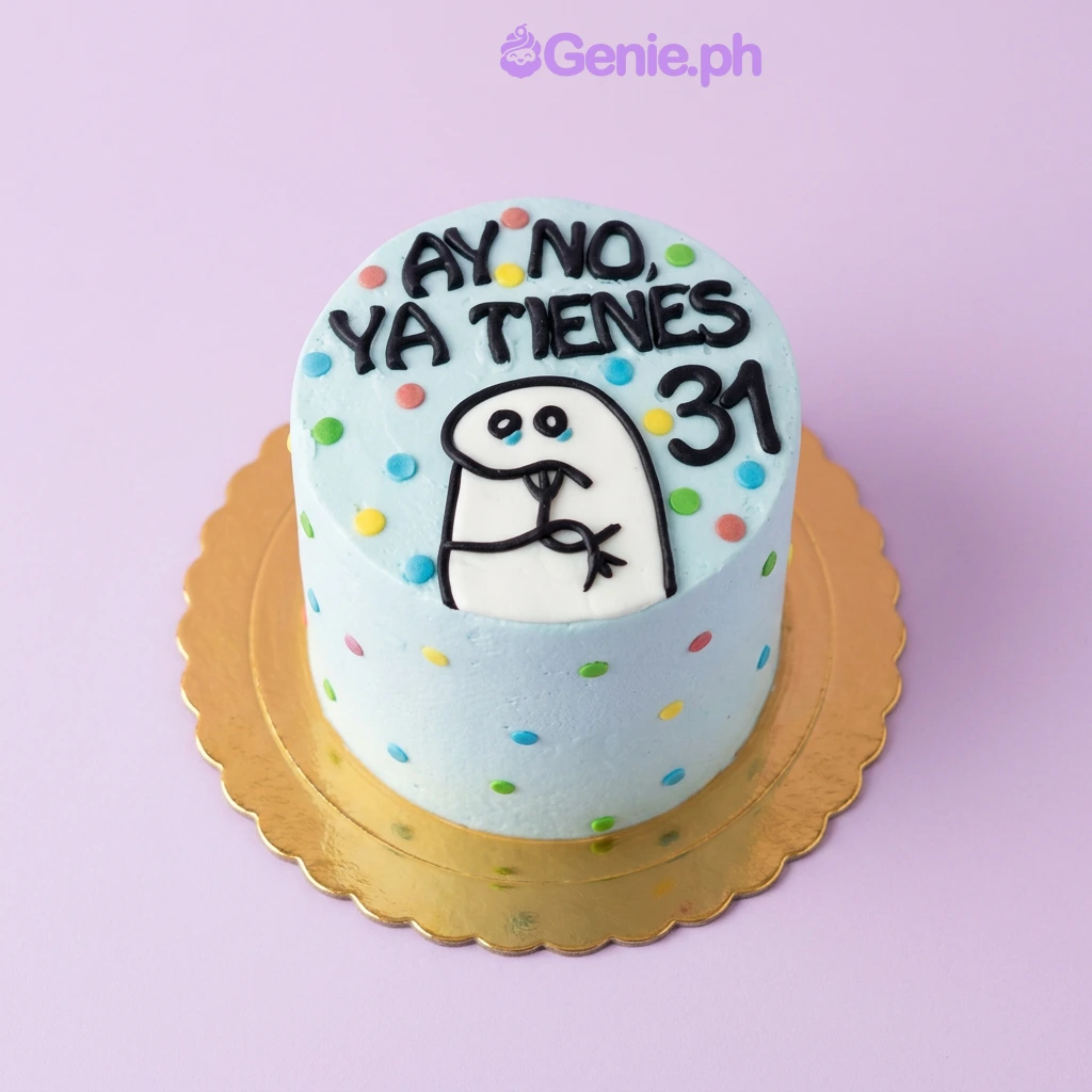 Flork Birthday Sky Blue Cake Light blue 1-tier cake with a Flork character cutout and piped text saying Ay No Ya Tienes 31 with colorful icing dots