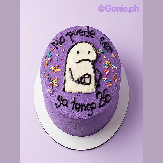 Flork Meme Purple Birthday Cake Purple 1-tier cake with Flork meme icing drawing and colorful sprinkles