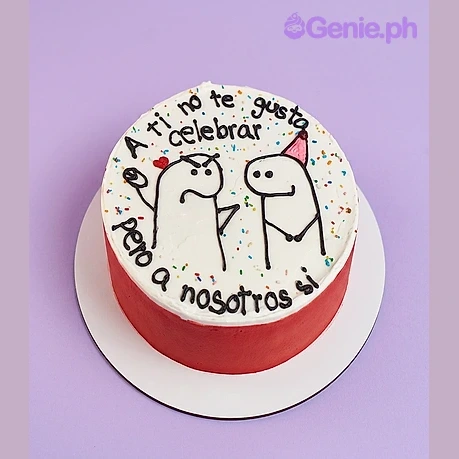 Flork Meme White Birthday Cake White round cake with Flork meme stick figures and Spanish text