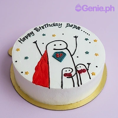 Flork Papa White Birthday Cake White single tier birthday cake with hand-drawn Flork characters and colorful stars