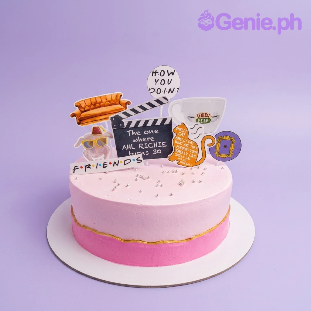 Friends Theme Silhouette Birthday Cake A pink 1-tier cake themed around Friends, featuring the orange couch, Central Perk mug, Smelly Cat, and silver dragees.