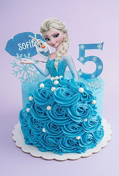 Blue Frozen themed cake featuring Elsa and Olaf printouts with intricate blue icing rosettes and white pearl sprinkles.