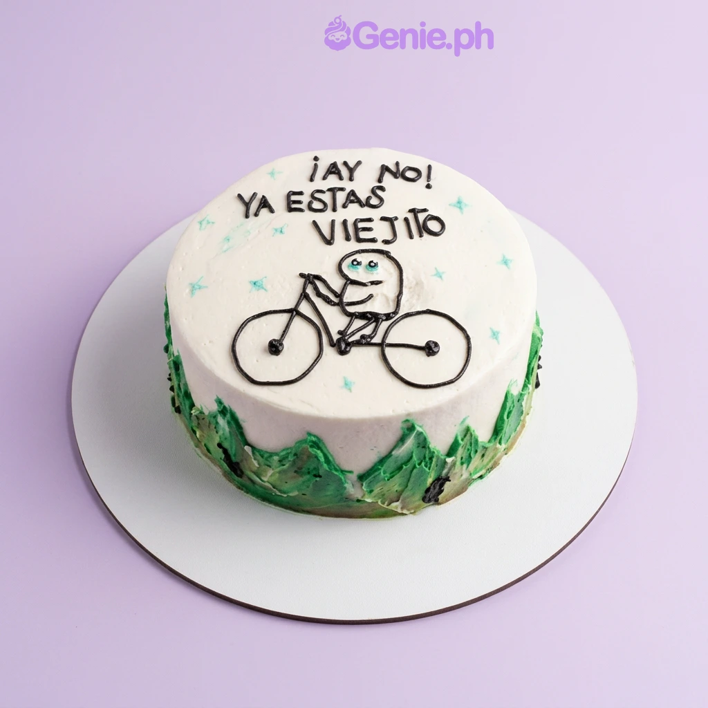 Funny Birthday White Cake White 1-tier birthday cake with a piped Flork character riding a bicycle and black text saying ¡AY NO! YA ESTAS VIEJITO
