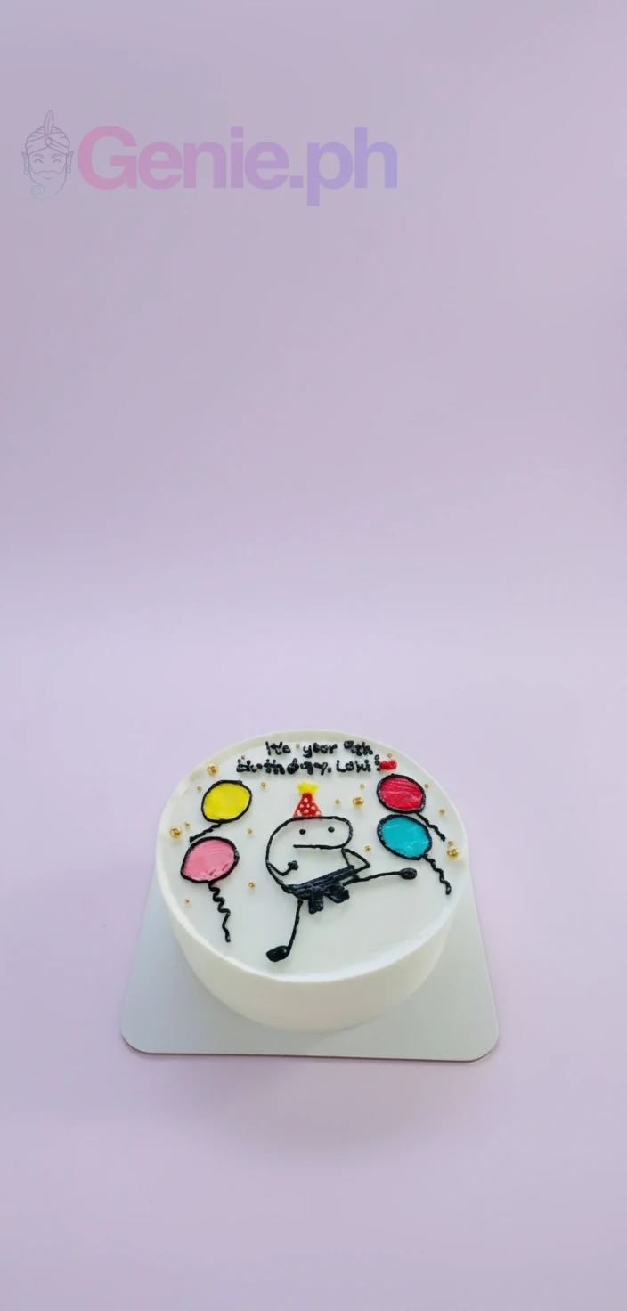 White minimalist bento-style cake with a funny black icing doodle of a person farting and Happy Birthday text.