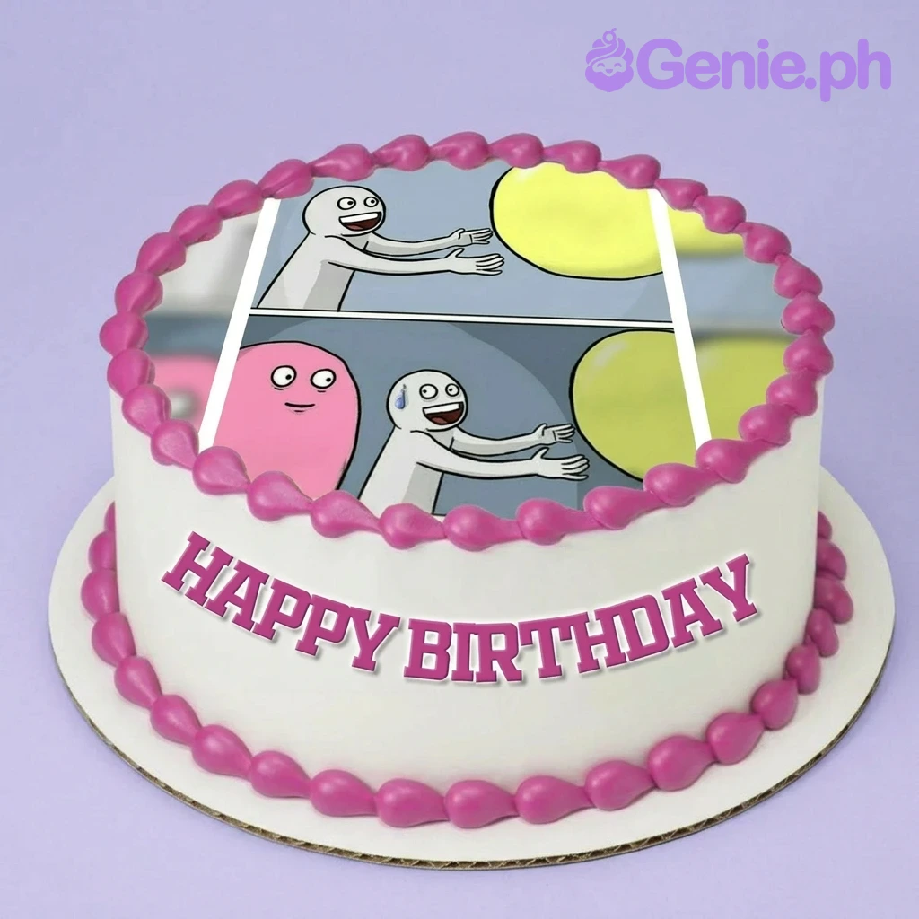 A white and pink round Funny Meme cake, featuring a meme character printout and pink icing borders.