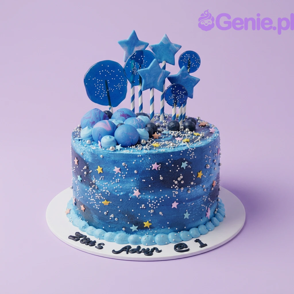 Galaxy Blue Birthday Cake A blue 1-tier cake themed around Galaxy, featuring star and moon toppers, silver dragees, and blue fondant spheres.