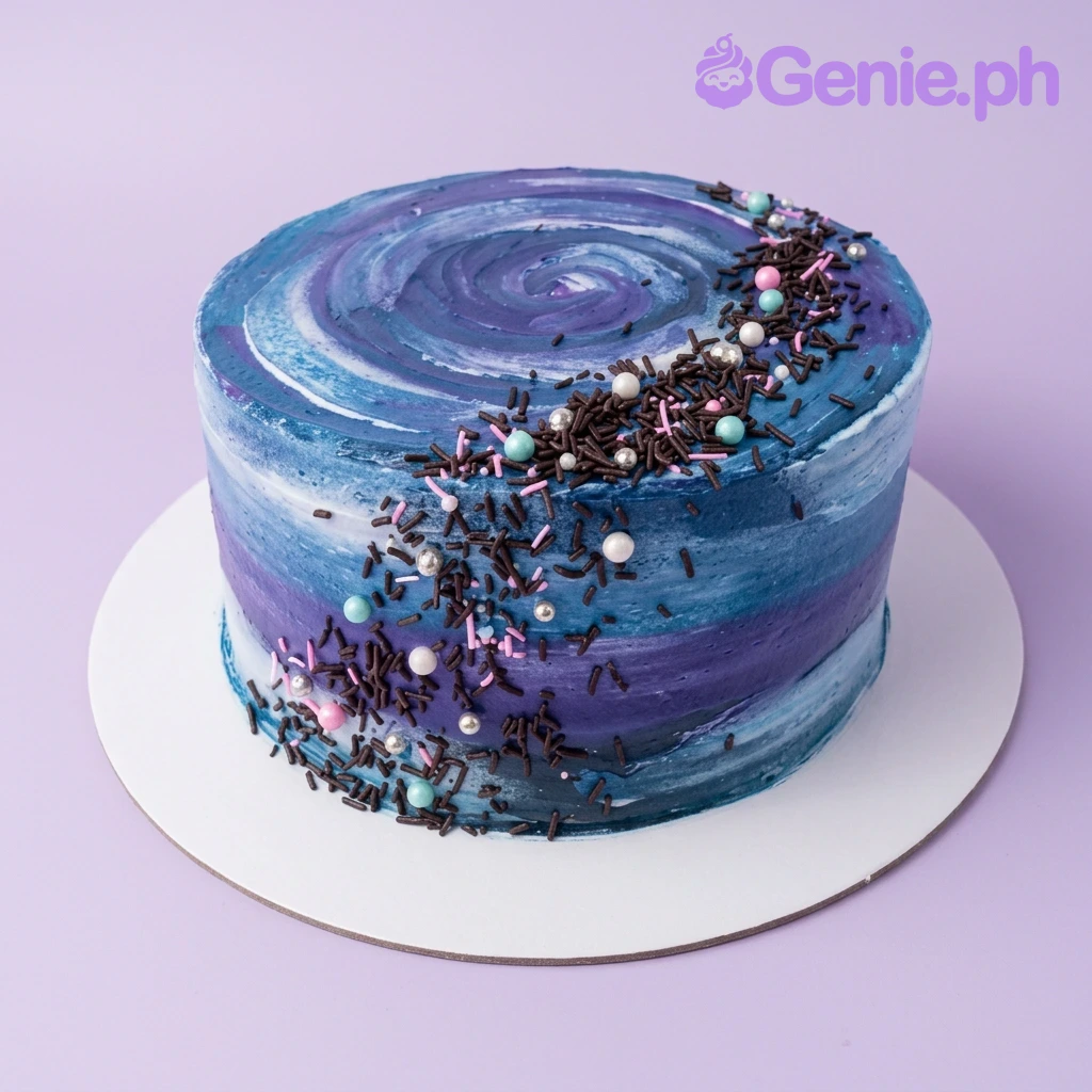 Galaxy Cake A blue and purple single-tier round Galaxy cake, featuring chocolate sprinkles, colorful pearls, and silver dragees.