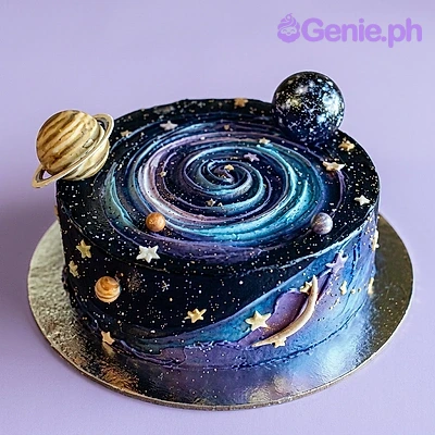 Galaxy themed cake with a swirling blue and purple nebula icing design, featuring 3D planets and gold stars. Galaxy themed cake with a swirling blue and purple nebula icing design, featuring 3D planets and gold stars.