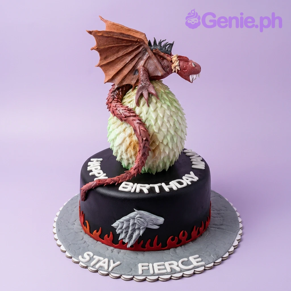 Game Of Thrones Black Cake A black 1-tier fondant cake themed around Game Of Thrones, featuring a dragon on a textured egg, and a Stark sigil.