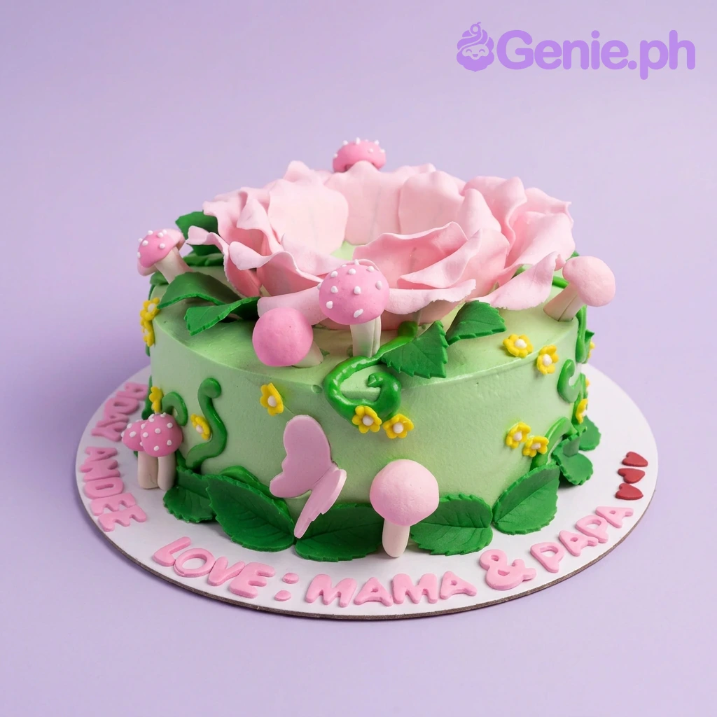 Garden Flower Mint Floral Cake A light green 1-tier cake themed around Garden Flowers, featuring a large pink gumpaste flower, pink mushrooms, green leaves, and yellow flowers.