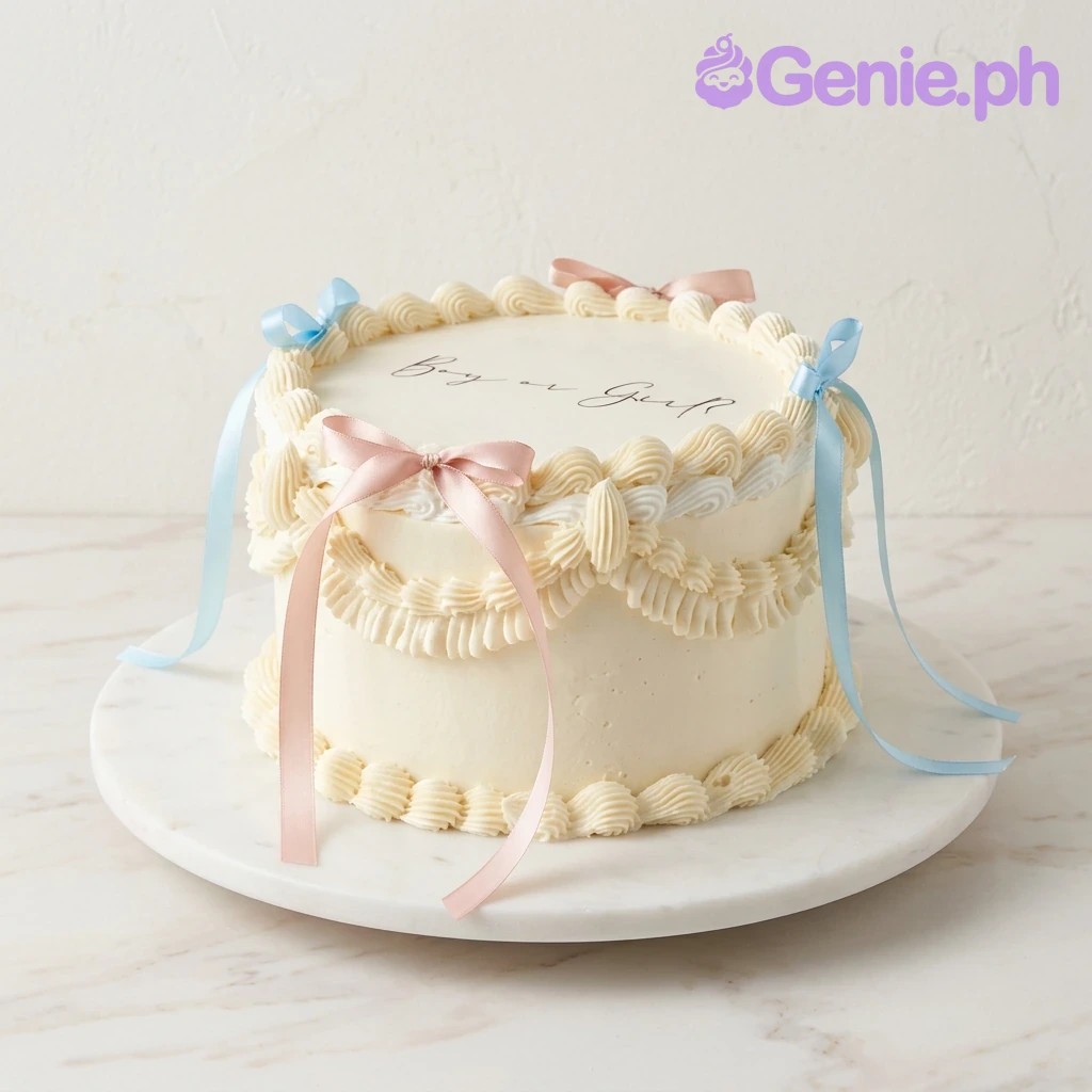 Gender Reveal Vintage Ivory Cake A cream-colored 1-tier cake themed around Gender Reveal Vintage, featuring pink and blue satin ribbons, 'Boy or Girl' icing text, and intricate piped ruffles with shell borders.