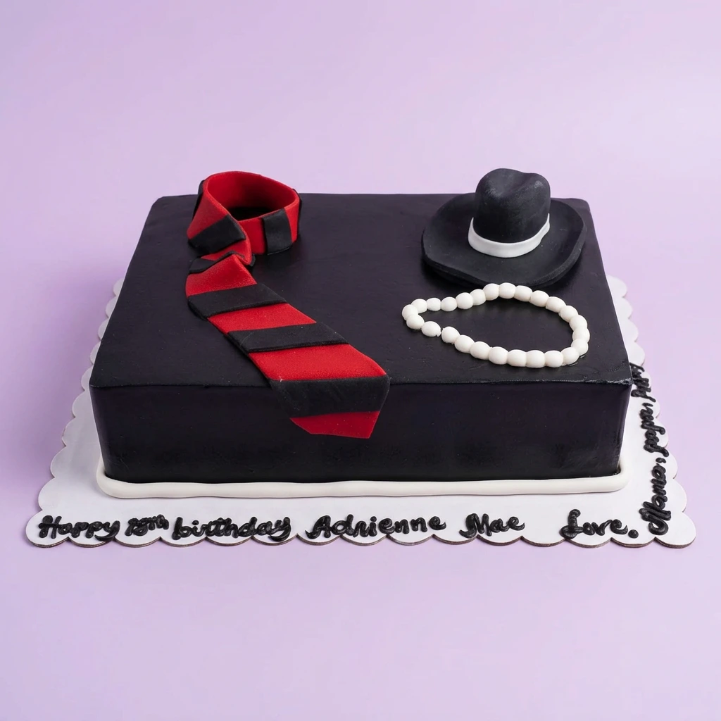 Gentleman Theme Black Pearl Rectangle Cake Black rectangle fondant cake with a red and black striped tie, a black fedora hat, and a white pearl necklace topper.