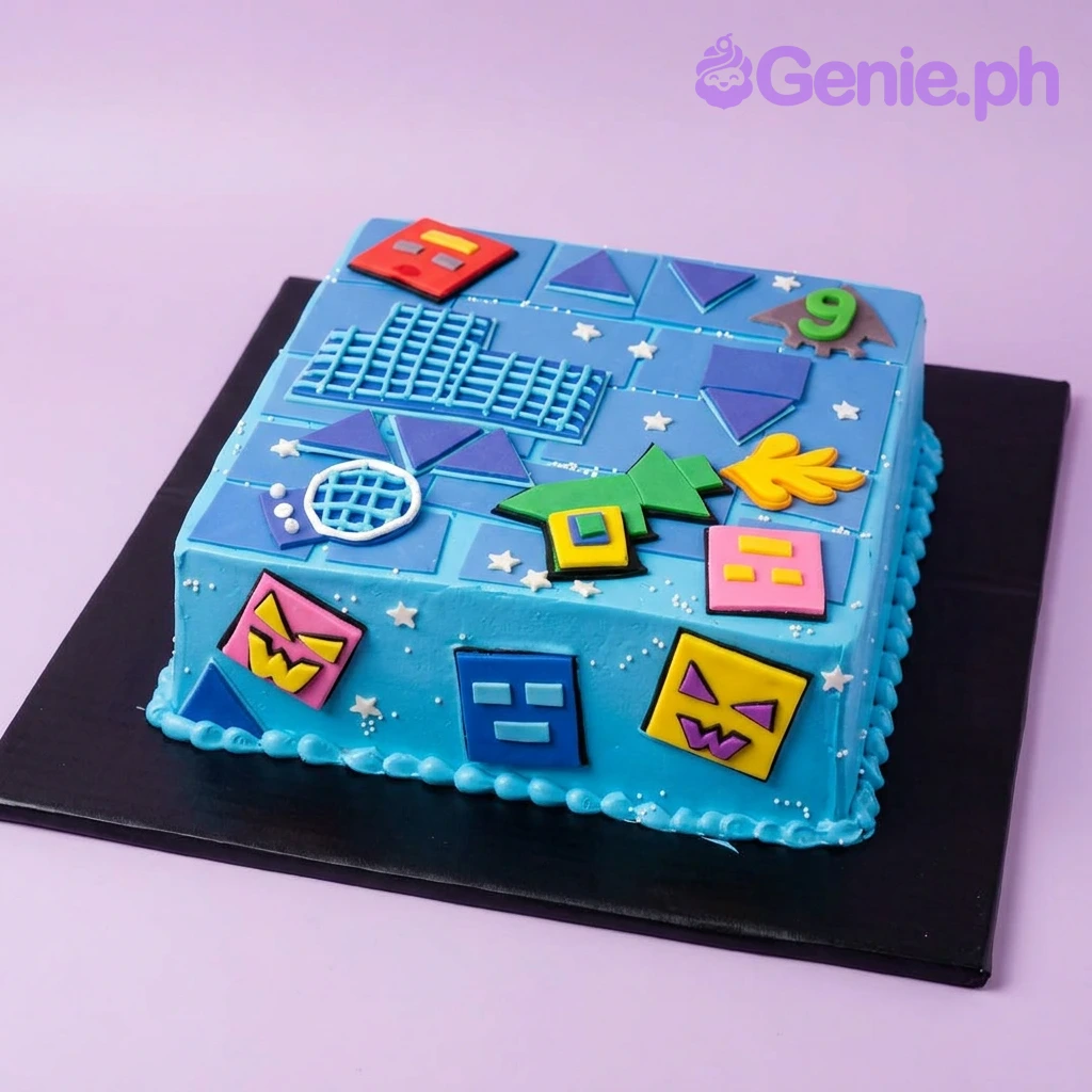 Geometry Dash-Inspired Sky Blue Cake A blue square Geometry Dash themed cake, featuring a green ship, colorful square face icons, a green number nine, and white star sprinkles.