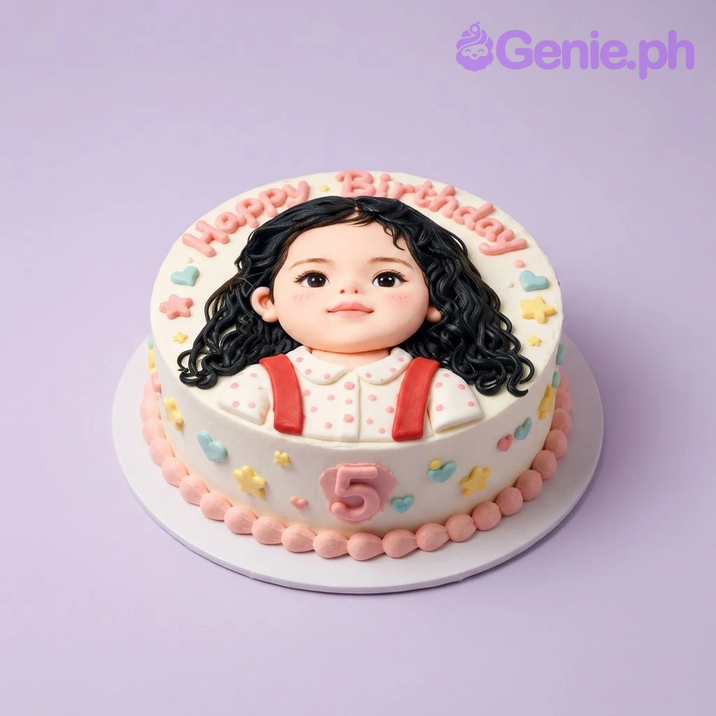 Girl Portrait White Heart Birthday Cake White 1-tier cake with a sculpted girl face topper, pink piped border, and pastel heart and star accents