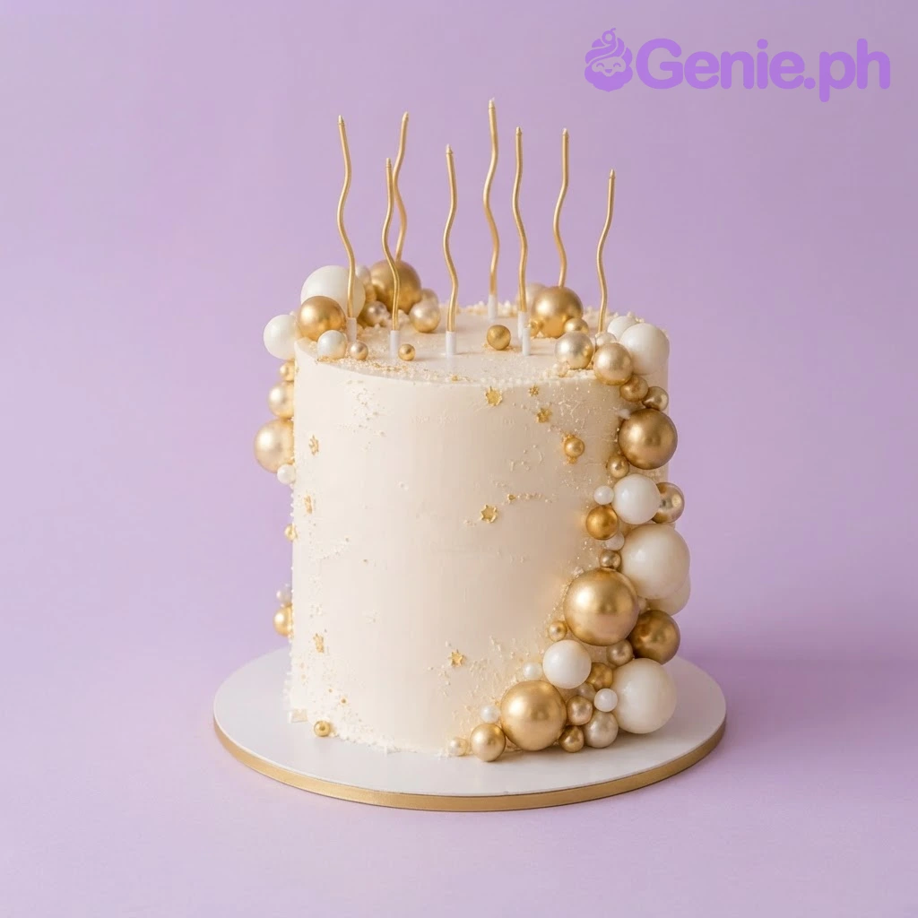 Gold Minimalist White Cake White 1-tier cake with soft icing finish, tall gold spiral candles, and a cascading cluster of gold and white spheres
