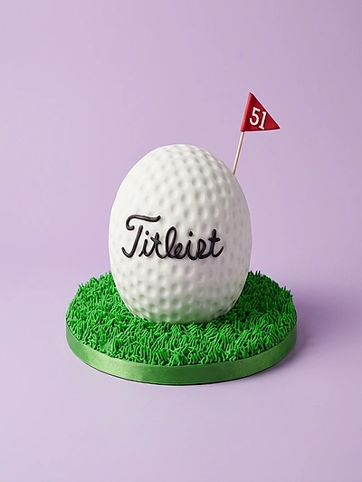 A realistic 3D golf ball cake with Titleist branding sitting on a green grass-textured base with a red flag topper.