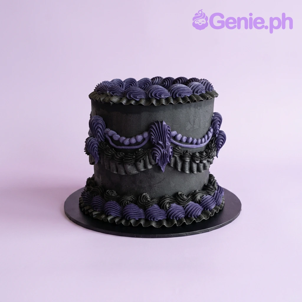 Gothic Vintage Cake Black single-tier cake with purple piped swags and black ruffles
