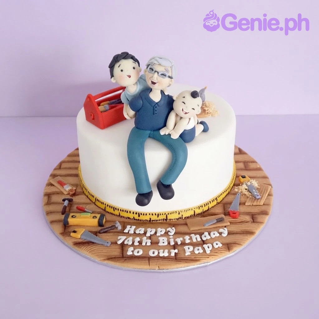 Grandfather Birthday White Cake White 1-tier fondant grandfather birthday cake with smooth icing, an edible grandfather and children figures, and a red toy toolbox