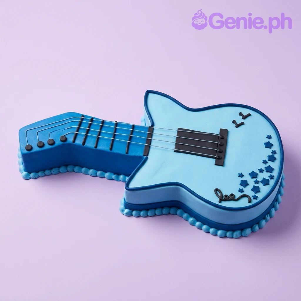 Guitar Music Birthday Cake A blue electric guitar shaped fondant cake with black strings and star decorations, featuring a 'HAPPY 13TH B-DAY LEE' message.