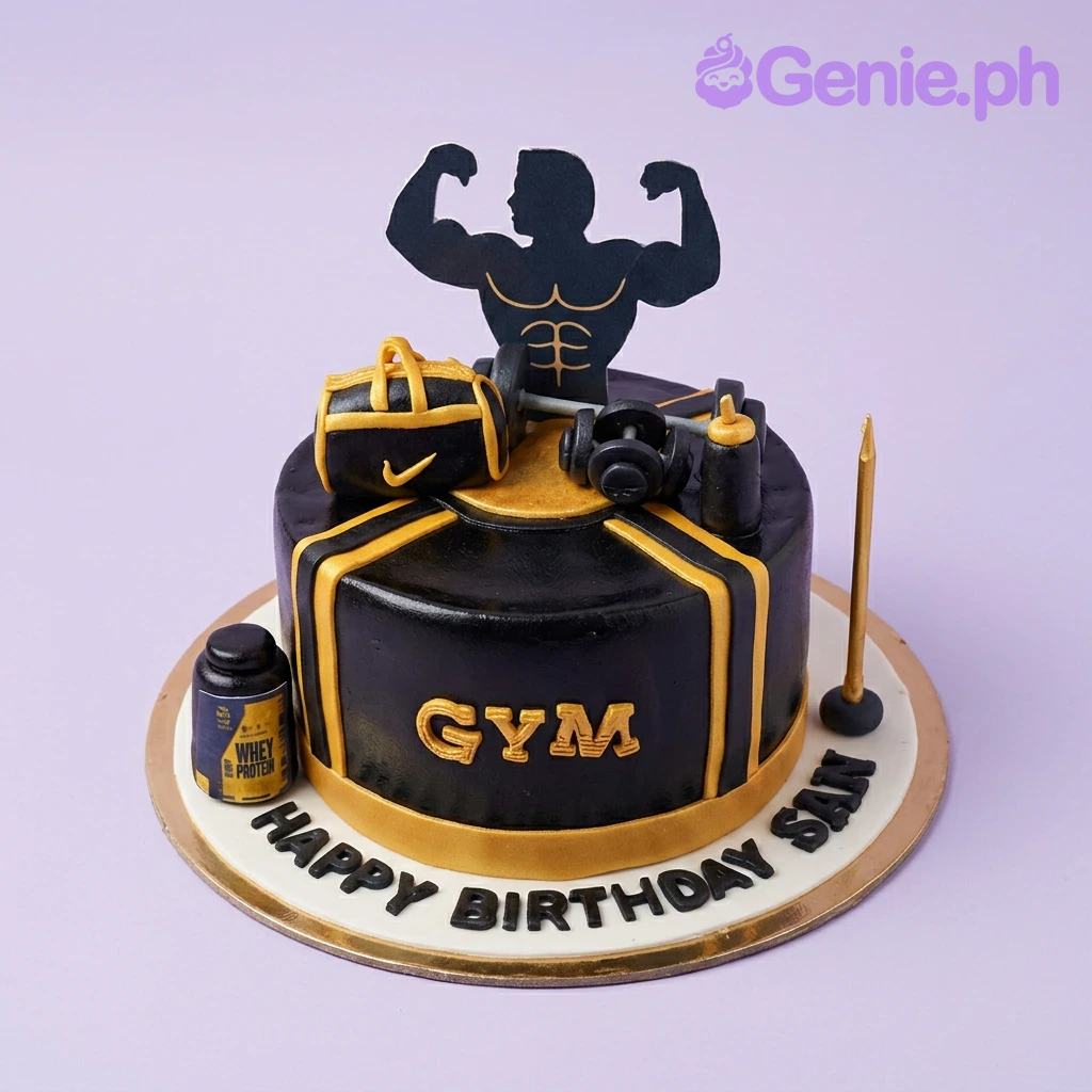 Gym Theme Silhouette Cake Black and yellow gym-themed 1-tier fondant cake with a bodybuilder silhouette topper, gym bag, dumbbells, and protein powder container