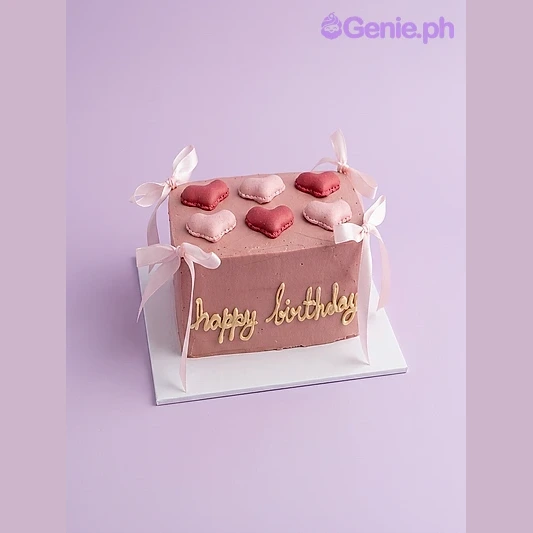 Heart Birthday Pink Rectangle Cake Pink rectangle fondant cake with six heart shaped toppers and a piped message