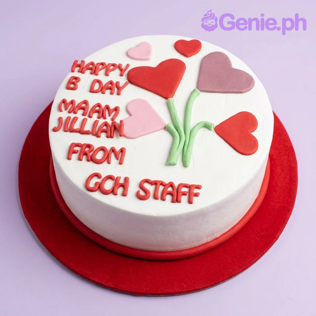 Heart Birthday White Cake A white 1-tier Heart Birthday cake with colorful fondant hearts on green stems, red icing text, and a red base board.