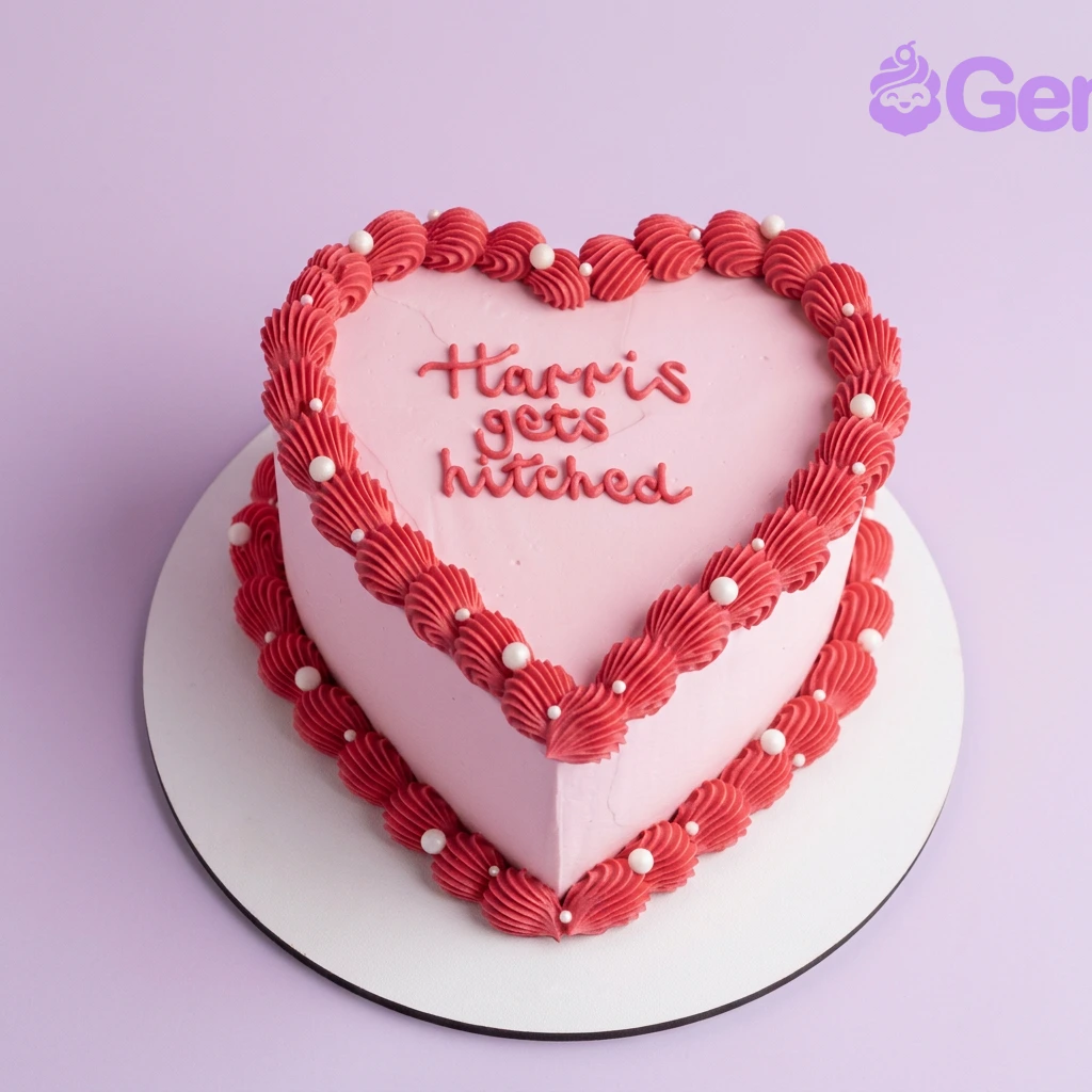 Heart Pink Wedding Cake Pink heart-shaped cake with red piped borders and white pearl dragees