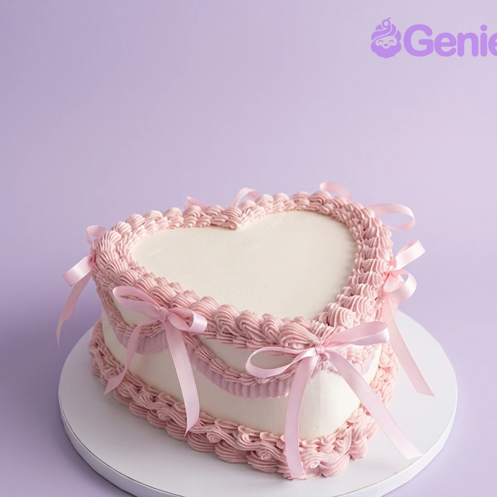 Heart White Birthday Cake White heart-shaped cake with pink piped borders and pink satin ribbon bows.