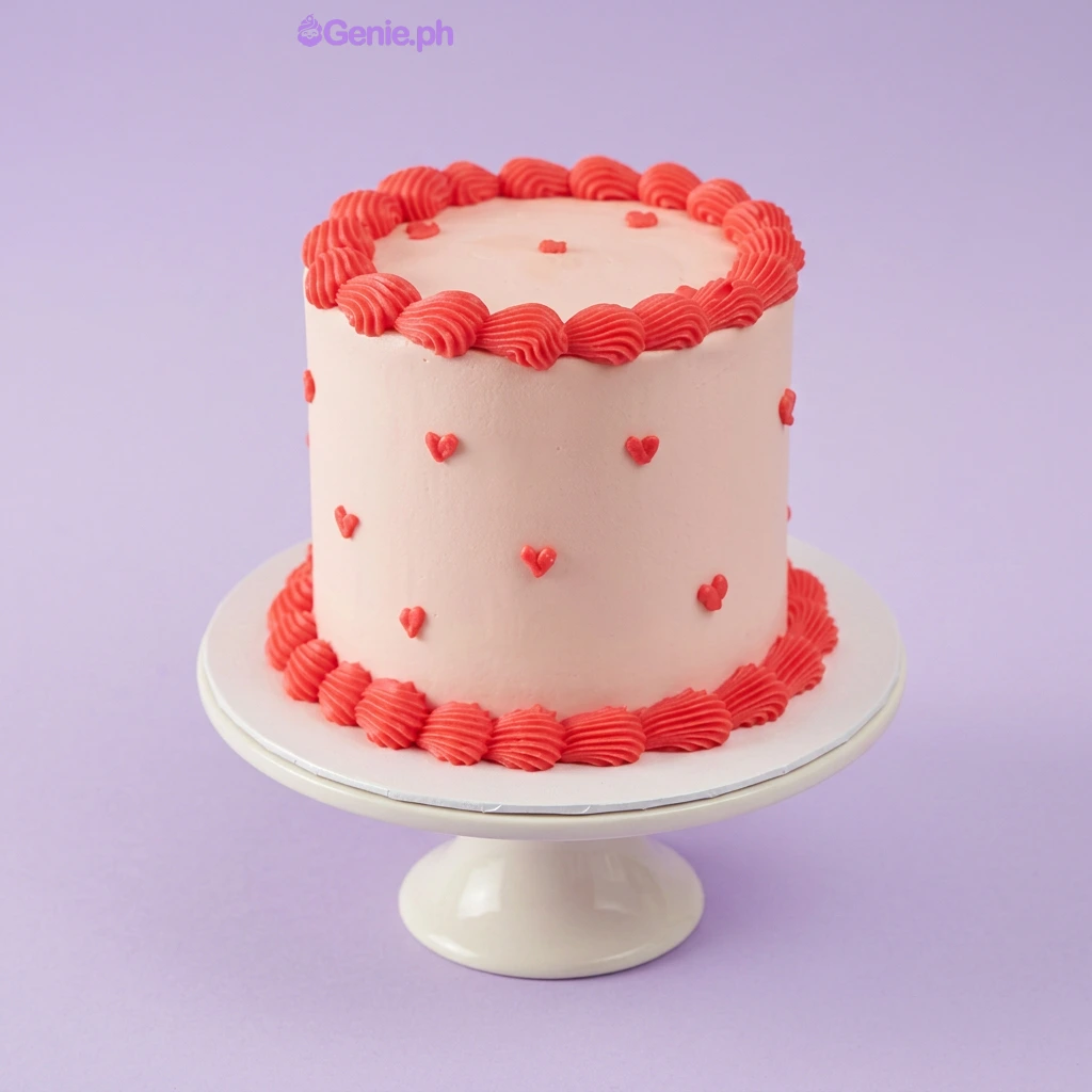 Heart Minimalist Pink Birthday Cake Light pink 1-tier cake with smooth soft icing, red piped shell borders, and small red piped heart accents on the sides