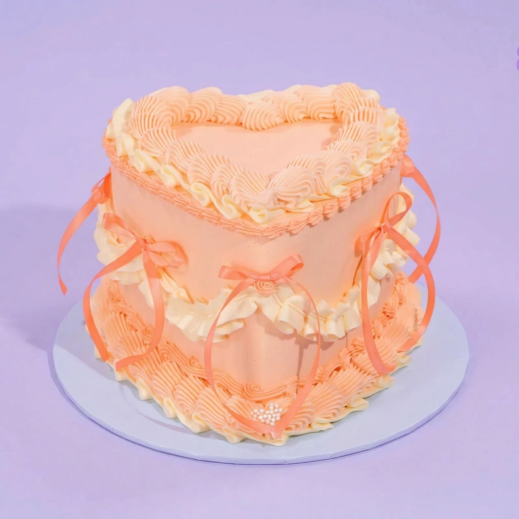 Heart Ribbon Peach Cake Peach heart-shaped cake with piped ruffles and satin ribbon bows on the sides