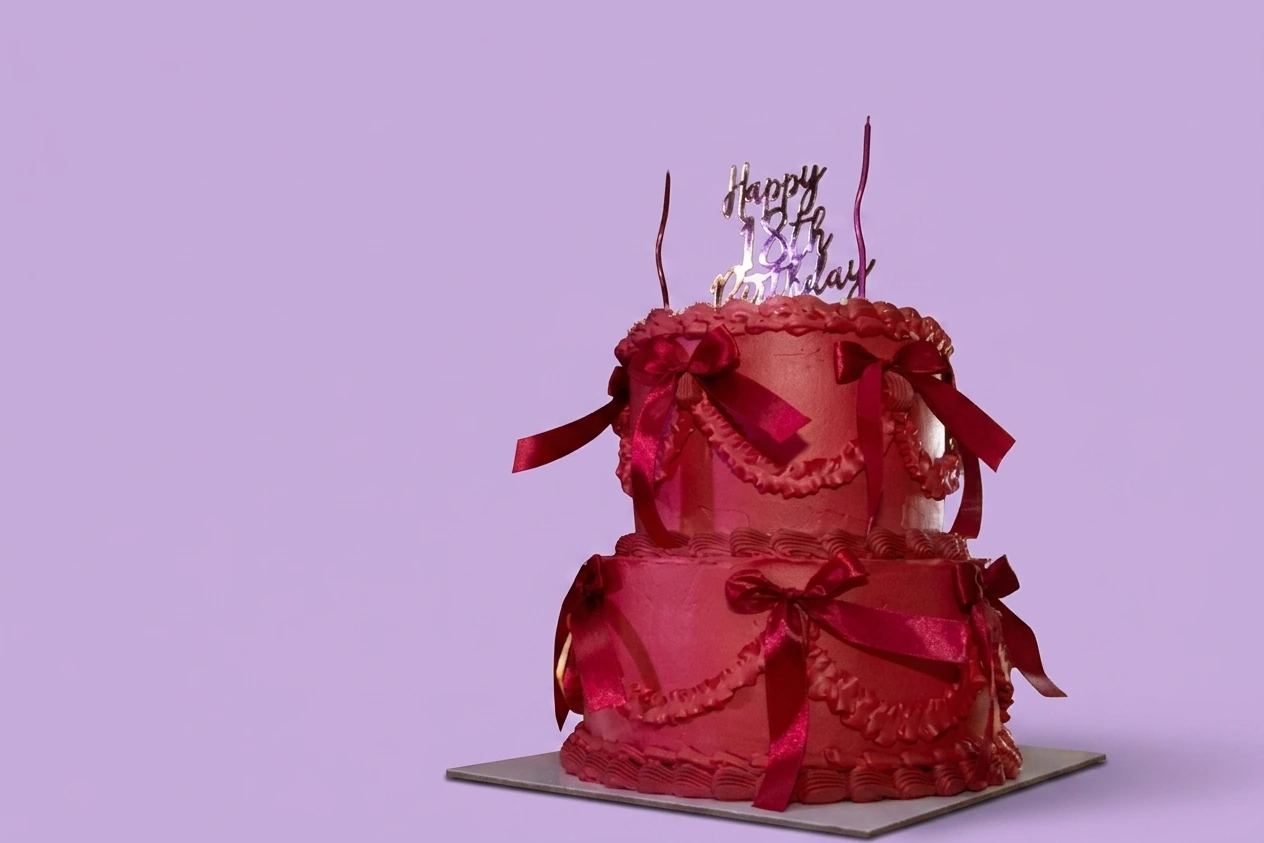 Two-tier hot pink vintage-style cake with piped icing ruffles and satin bows for an 18th birthday celebration.