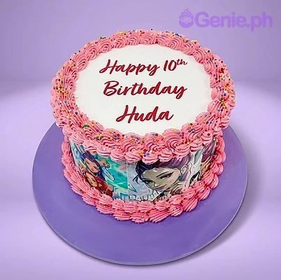 Huda Birthday Cake A pink and white 1-tier Huda birthday cake, featuring a character wrap and 'Happy 10th Birthday Huda' text.