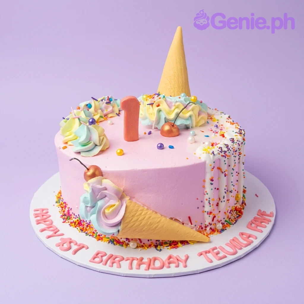 Ice Cream Birthday Pink Cake Pink ice cream themed birthday cake with colorful icing swirls, sprinkles, and a number one topper.