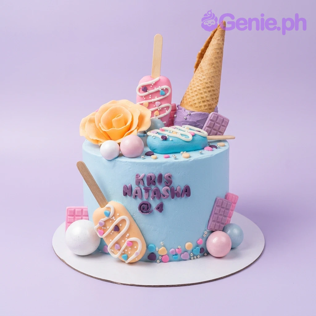 Ice Cream Sky Blue Floral Birthday Cake A light blue 1-tier cake themed around Ice Cream, featuring ice cream pops, a waffle cone, a yellow rose, and purple fondant letters.