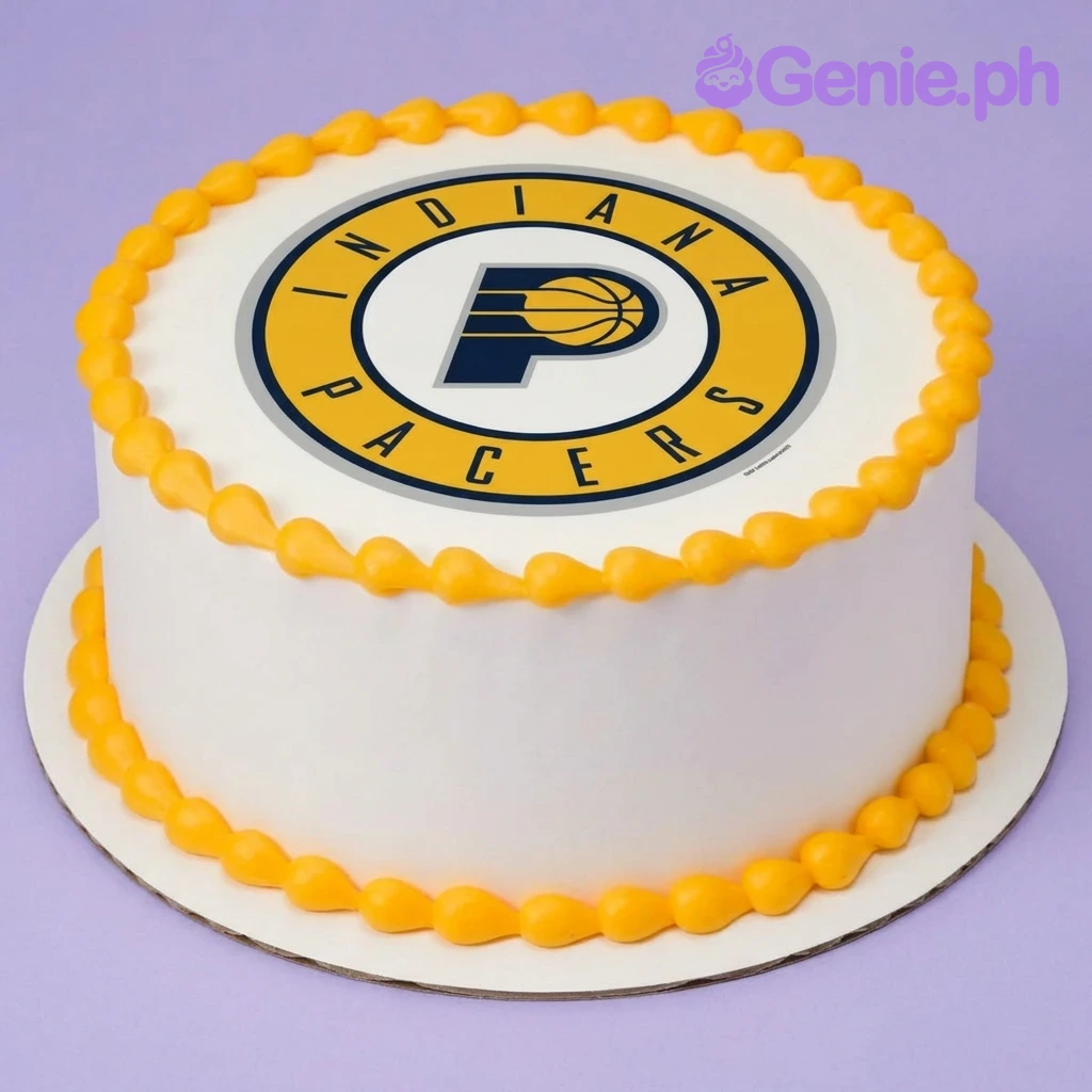 Indiana Pacers White Cake A white 1 Tier round cake themed Indiana Pacers basketball, featuring a large team logo printout and yellow icing borders.