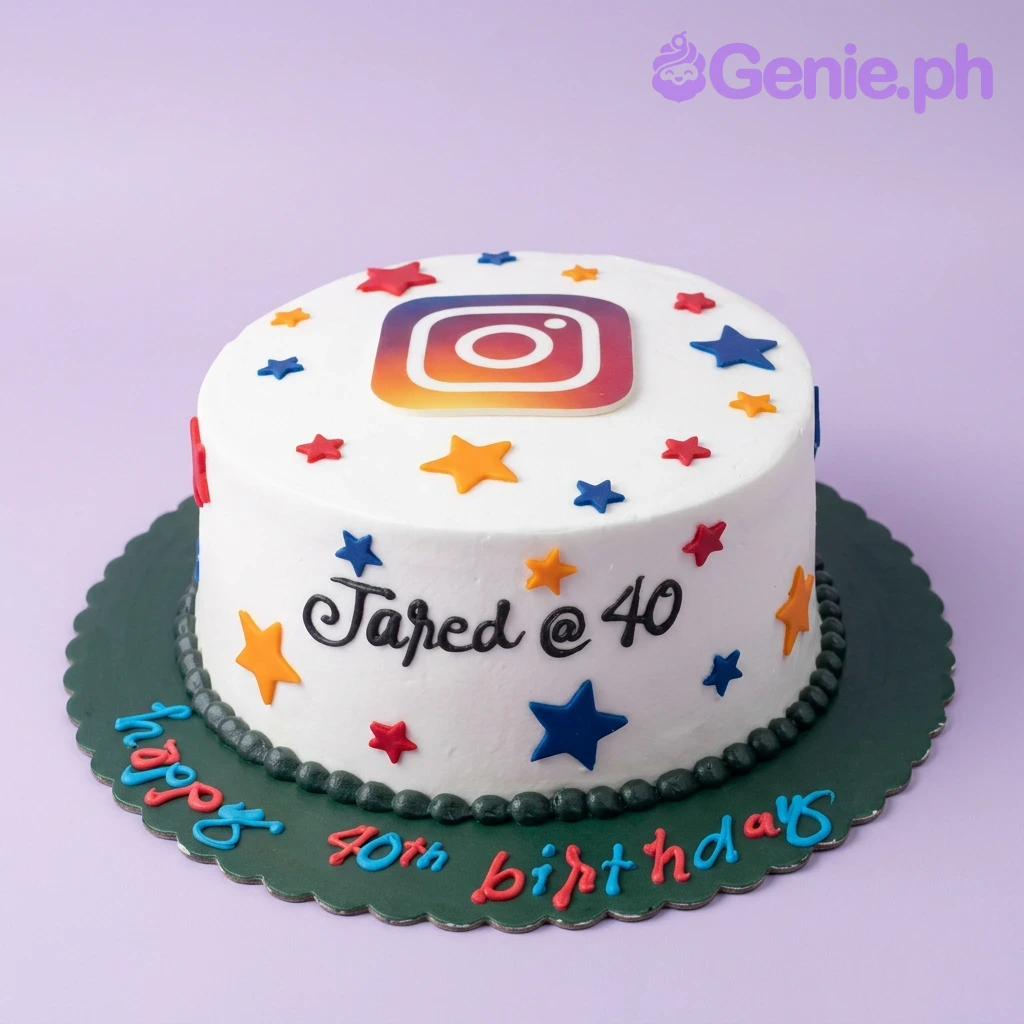 A white round 1-tier cake themed around Instagram, featuring a printed Instagram logo, colorful fondant stars, and custom text.