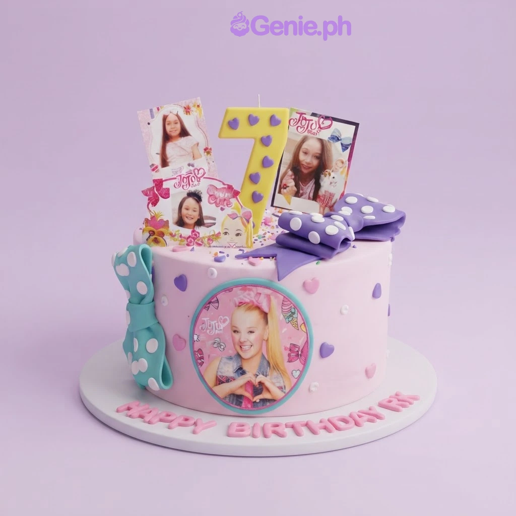 JoJo Siwa Pink Bow Birthday Cake A pink 1-tier cake themed around JoJo Siwa, featuring photo printouts, a large purple bow, and colorful sprinkles.