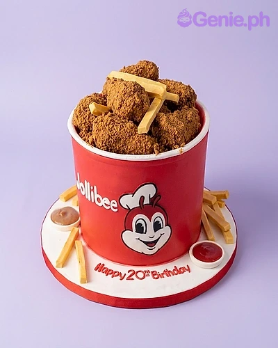 Jollibee Brown Birthday Cake A Red and Brown 1 Tier Fondant cake themed as a Jollibee bucket, featuring fondant fried chicken, fries, and the Jollibee logo.