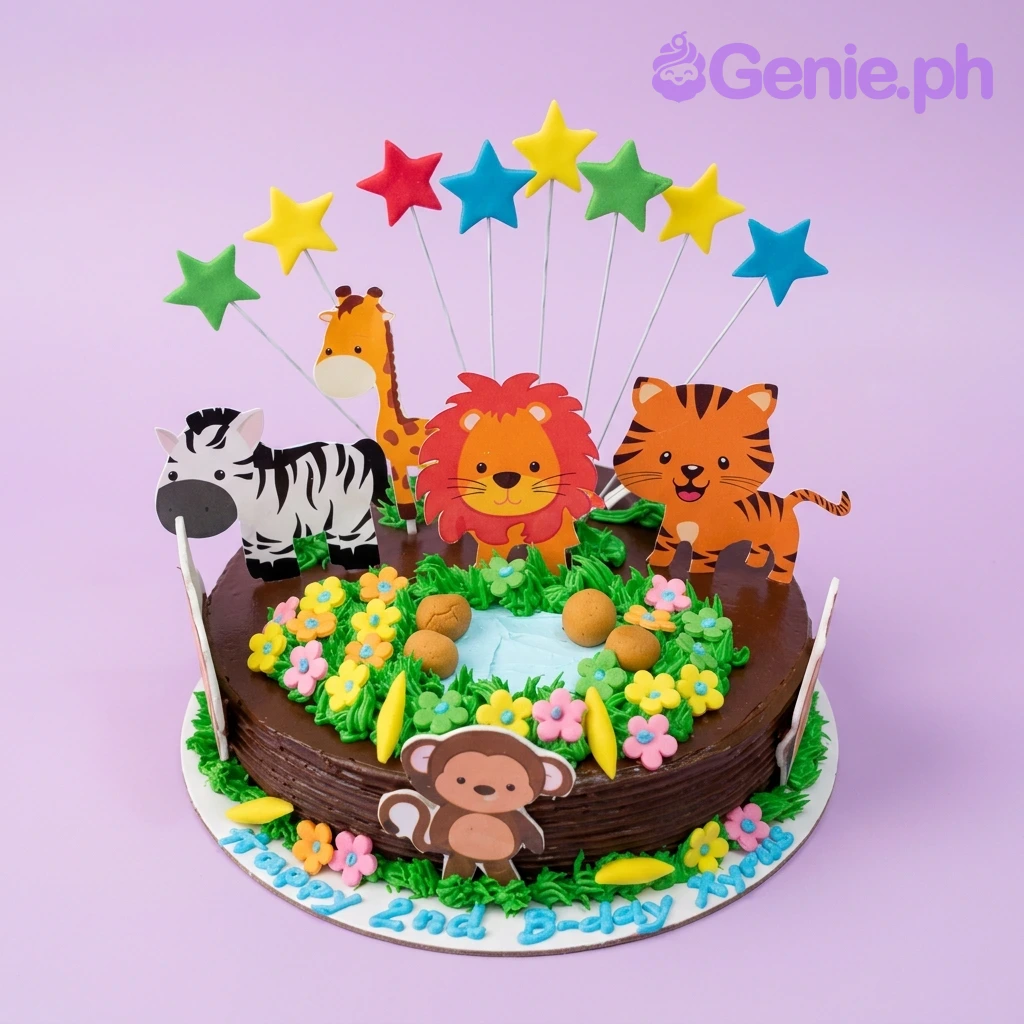 Jungle Animal Brown Cake A brown 1-tier Jungle Animal cake, featuring lion, tiger, zebra, giraffe characters, green grass, and colorful stars.