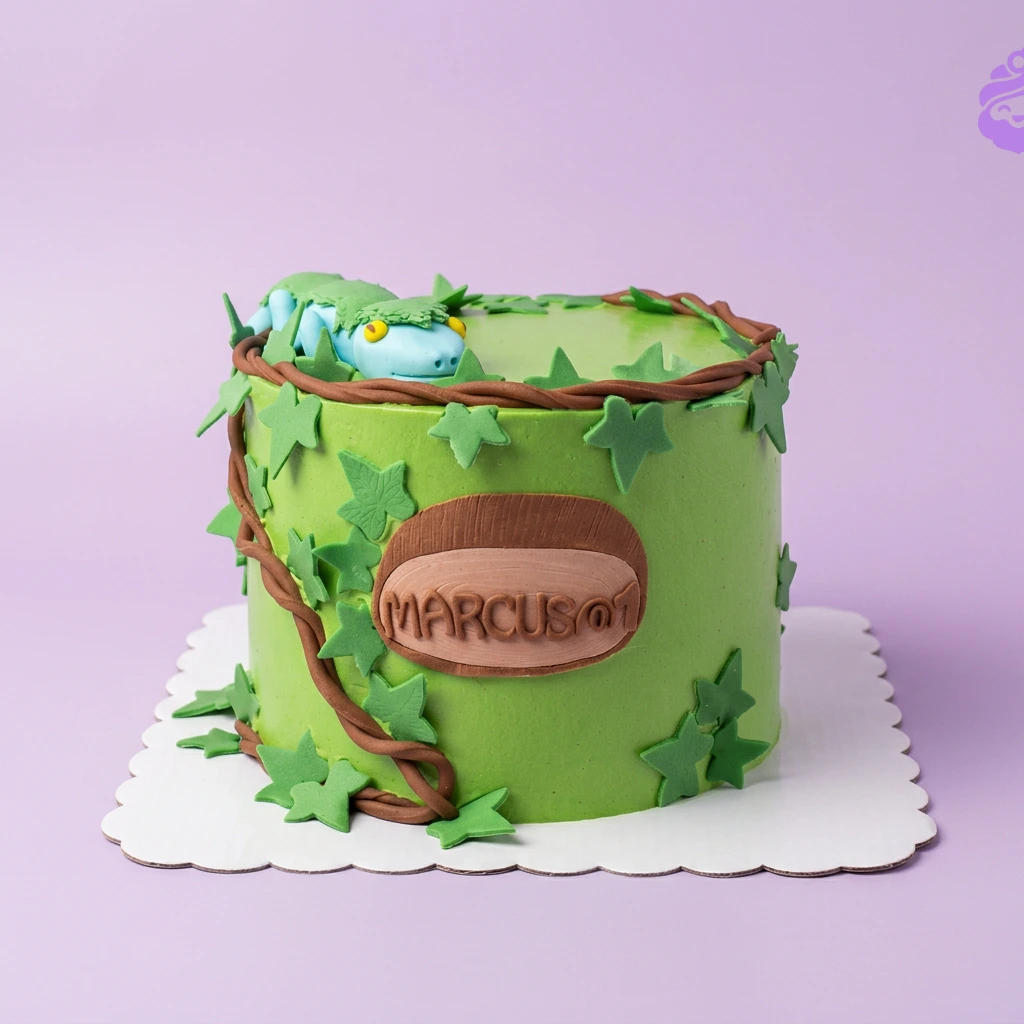 Jungle Lizard Mint Birthday Cake A light green one-tier jungle lizard cake, featuring a 3D blue and green lizard, brown vines, green leaves, and 'MARCUS @ 1' text.