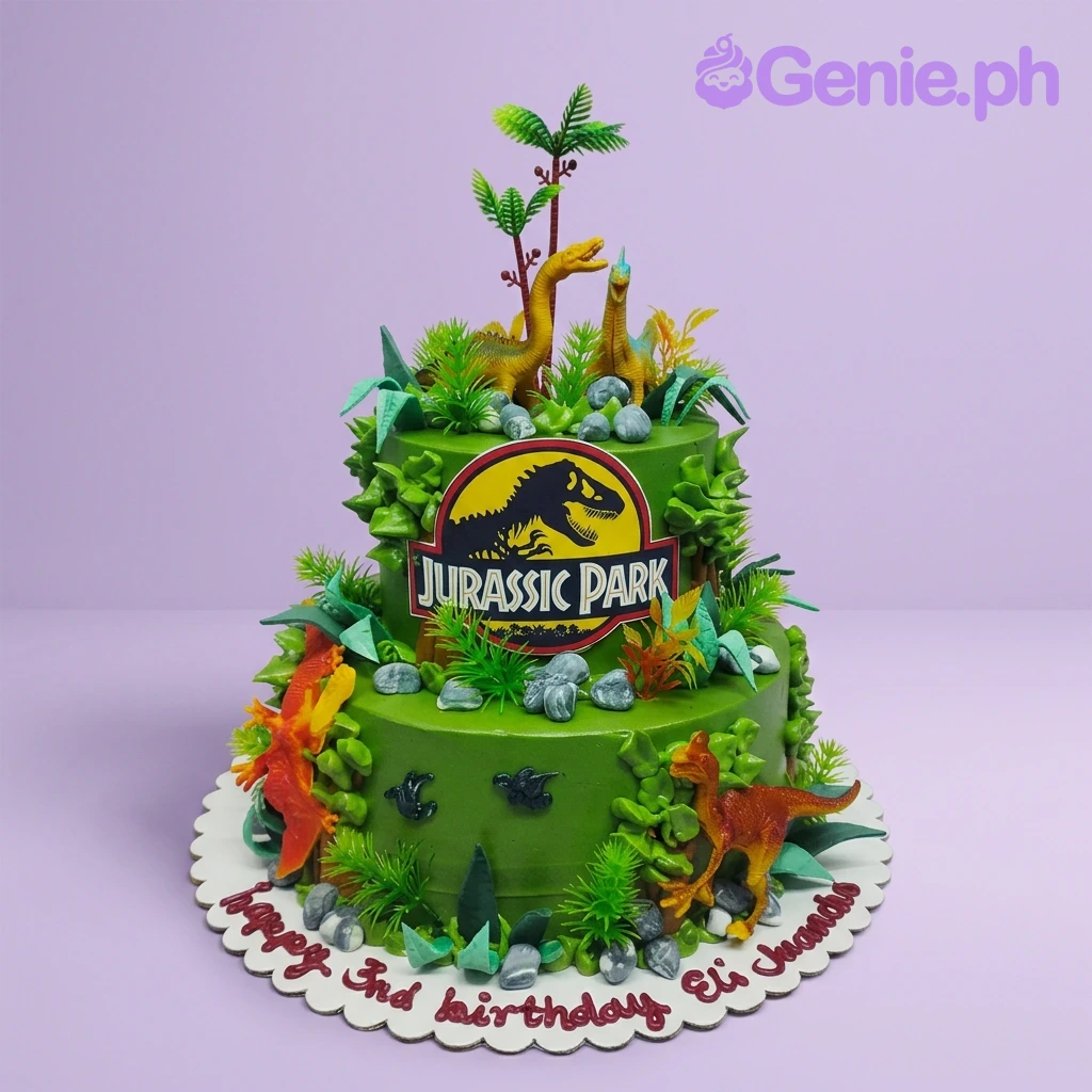 A green 2-tier cake themed around Jurassic Park, with dinosaur toys, a printed logo, and fondant jungle leaves.