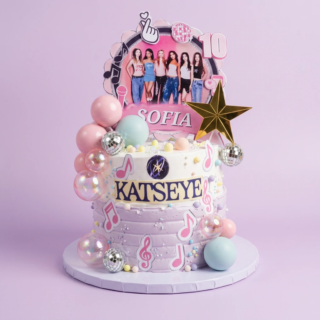 Purple and white Katseye K-pop themed birthday cake with music notes, disco balls, and a large character printout topper for Sofia's 10th birthday. Purple and white Katseye K-pop themed birthday cake with music notes, disco balls, and a large character printout topper for Sofia's 10th birthday.