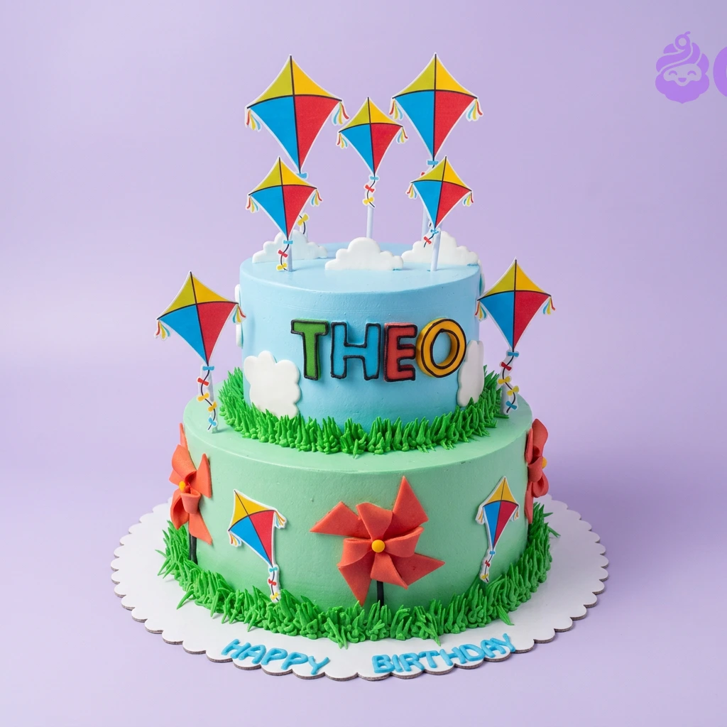 Kite Theme 2-Tier Birthday Cake A blue and green two-tier kite cake, featuring colorful kites, white clouds, red pinwheels, and green grass borders.