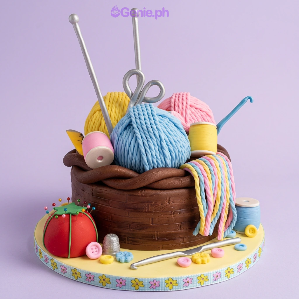 Knitting Theme Ivory Birthday Cake Brown basket-weave fondant cake with yarn balls, knitting needles, and sewing supplies as toppers