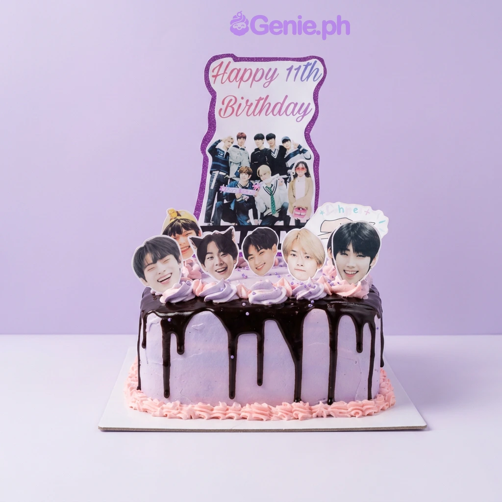Kpop-Inspired Birthday Lavender Drip Cake Lavender 1-tier birthday cake with chocolate drip and K-pop group photo printout toppers