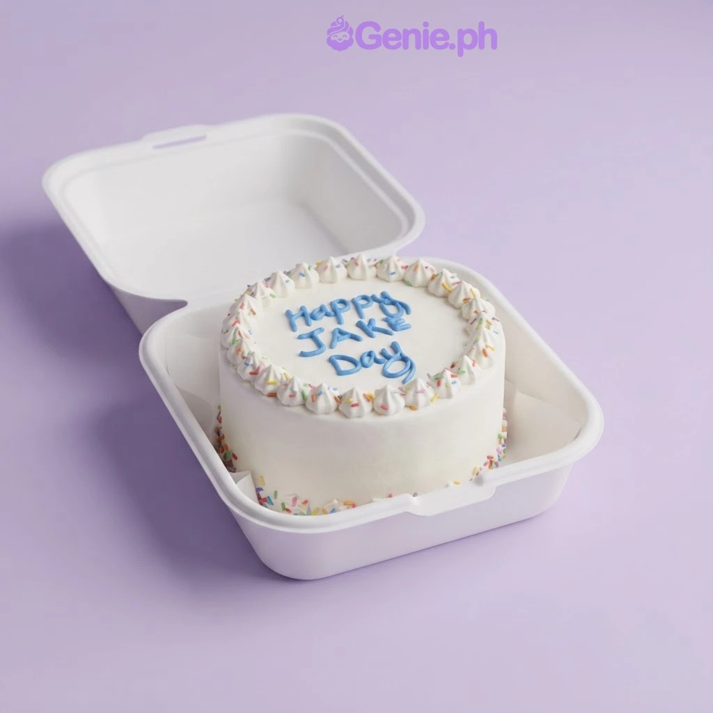 Kpop-Inspired Birthday White Bento Cake White bento cake with Happy JAKE Day piped in blue icing and colorful sprinkles