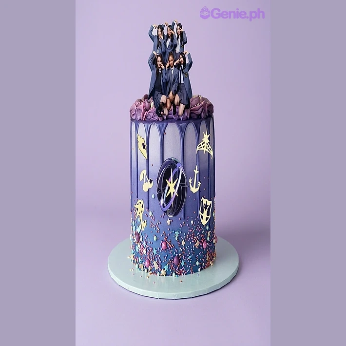 Kpop-Inspired Purple Birthday Cake Purple gradient cake with K-pop group photo topper and gold star decorations
