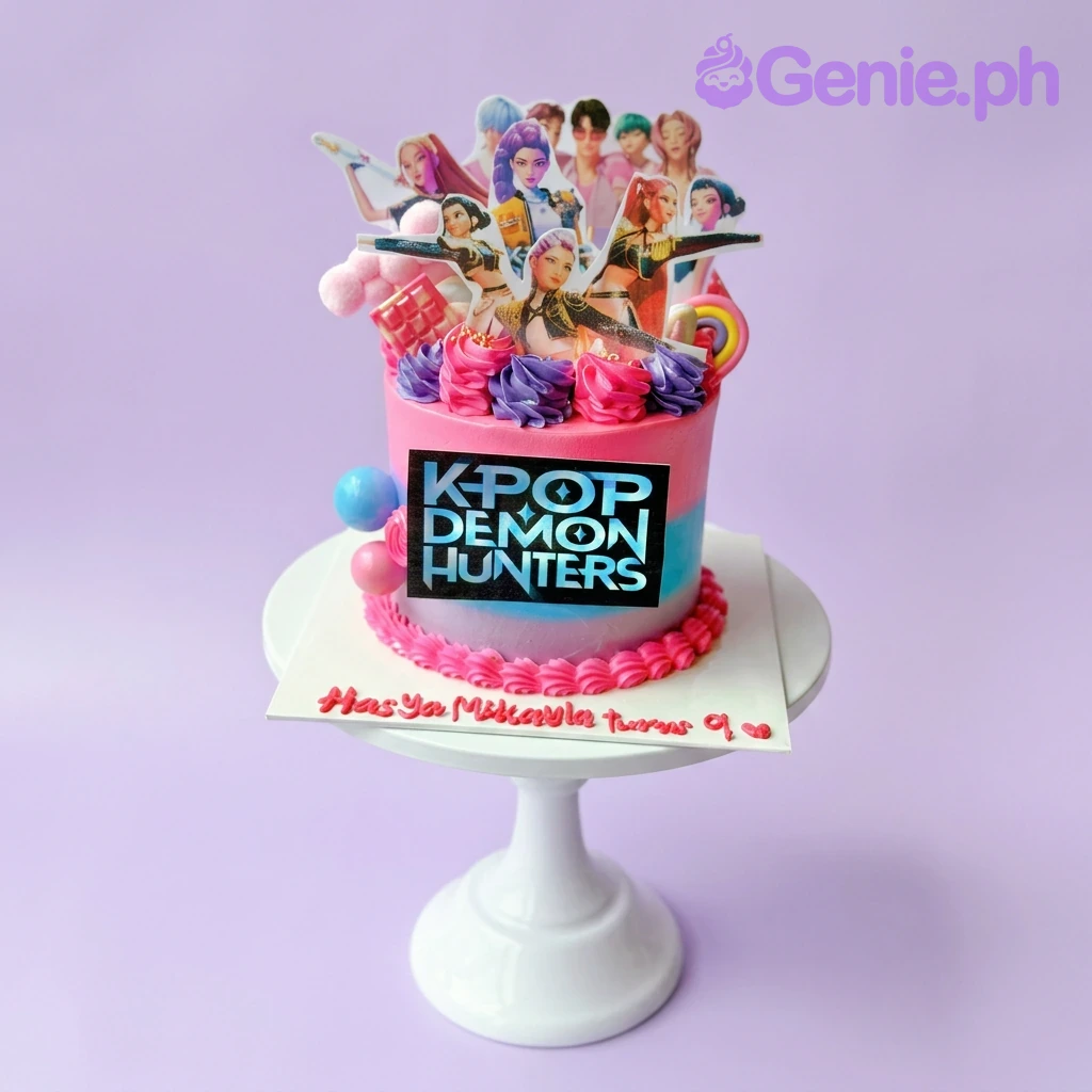 Kpop Demon Hunters-Inspired Pink Birthday Cake A pink and blue gradient 1-Tier cake themed around K-Pop Demon Hunters, featuring character printouts and colorful icing swirls.